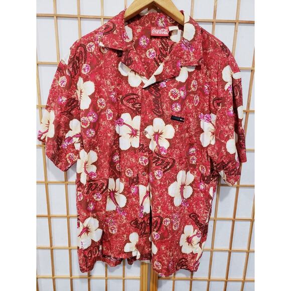 Vintage Everything Coca Cola Men's Hawaiian Shirt Red Floral Button Up - Size XL - Picture 1 of 13